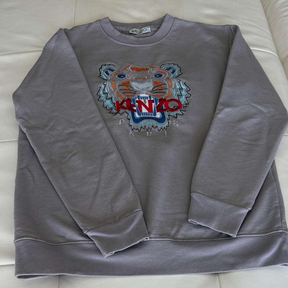 Kenzo Gray Crewneck Sweater with Tiger Embroidery